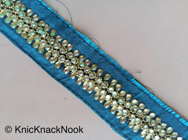 Purple / Blue / Brown Fabric Trim With Silver And Gold Kundan Beads Work, Approx. 36mm Wide - 200317L526/27/28Trim